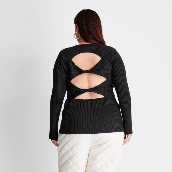 Women's Party Twisted Back Crewneck Pullover Sweater Future Collective Black 1X - Picture 3 of 10